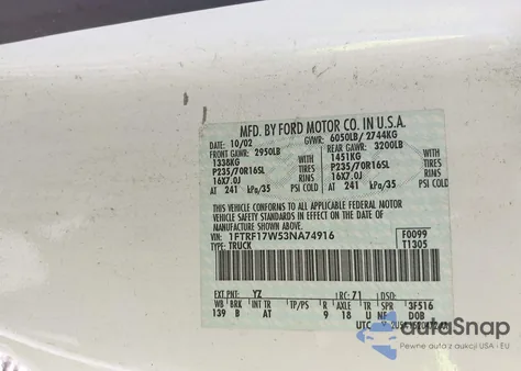 2003 Ford F150 z USA, uszkodzony, nr VIN 1FTRF17W53NA74916